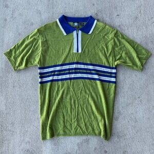 VTG 80s Reactor Manufacturing Men's Green Blue Stripe Zip Polo Shirt Size LG